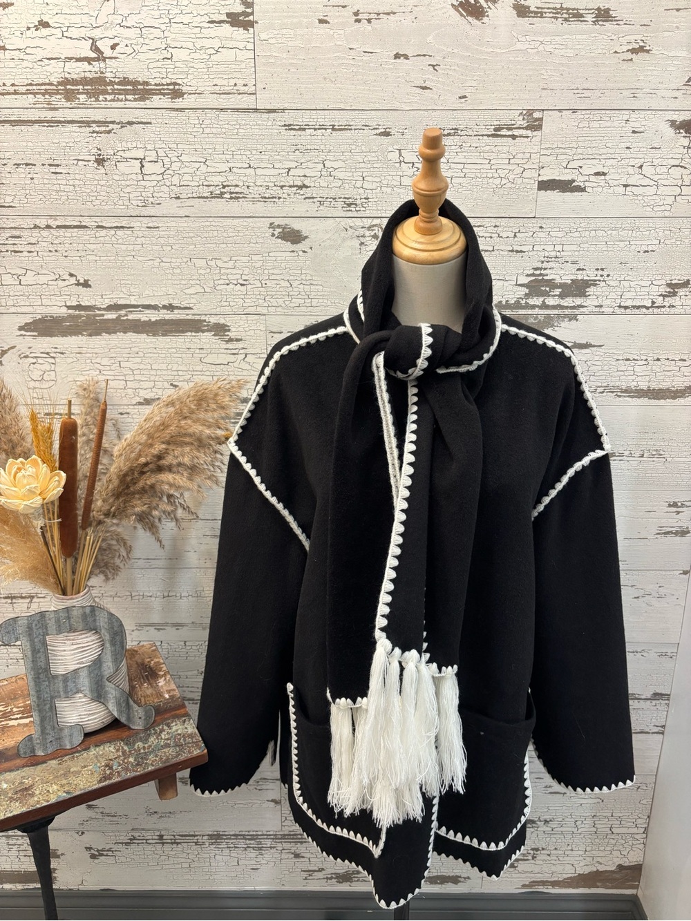 Vici Black Fringe-Trim Cape Coat with Contrast Scarf